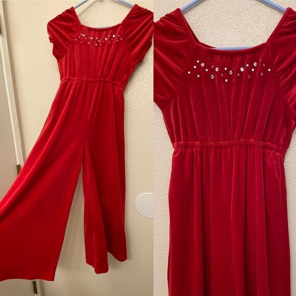 Soft red stretch velvet rhinestone winter fall Christmas Jumpsuit wide leg 10-12 - Picture 1 of 13